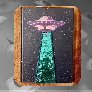 🏷️🎉🆕 retro UFO purple & turquoise sequin shaker lined journal